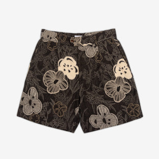 AKASHI-KAMA Pleated Shorts in Ume Jacquard with Japanese floral cotton pattern