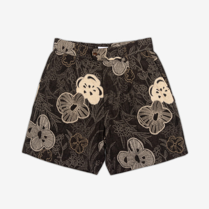 AKASHI-KAMA Pleated Shorts in Ume Jacquard with Japanese floral cotton pattern