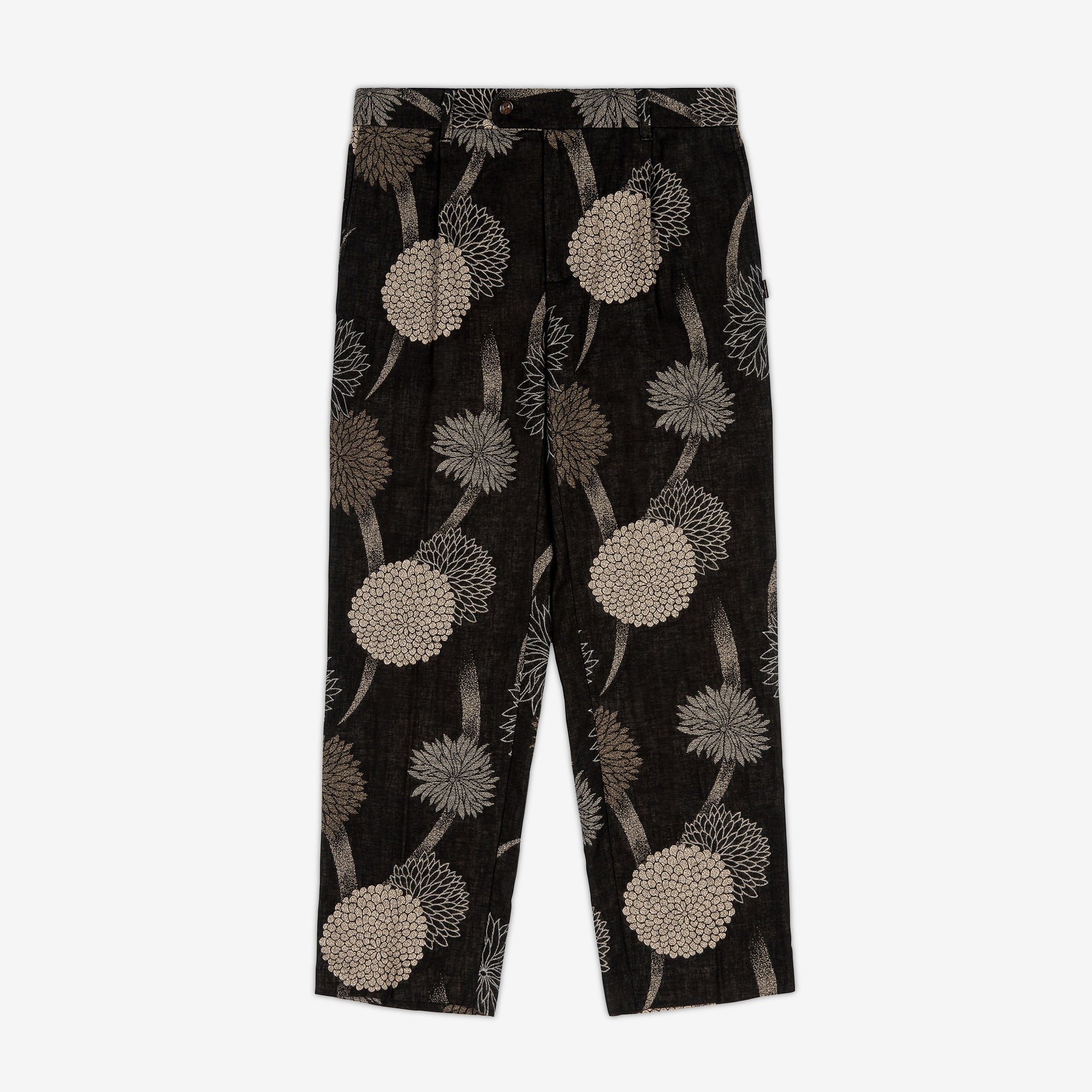 AKASHI-KAMA Pleated Trousers in Kiku Jacquard floral cotton fabric