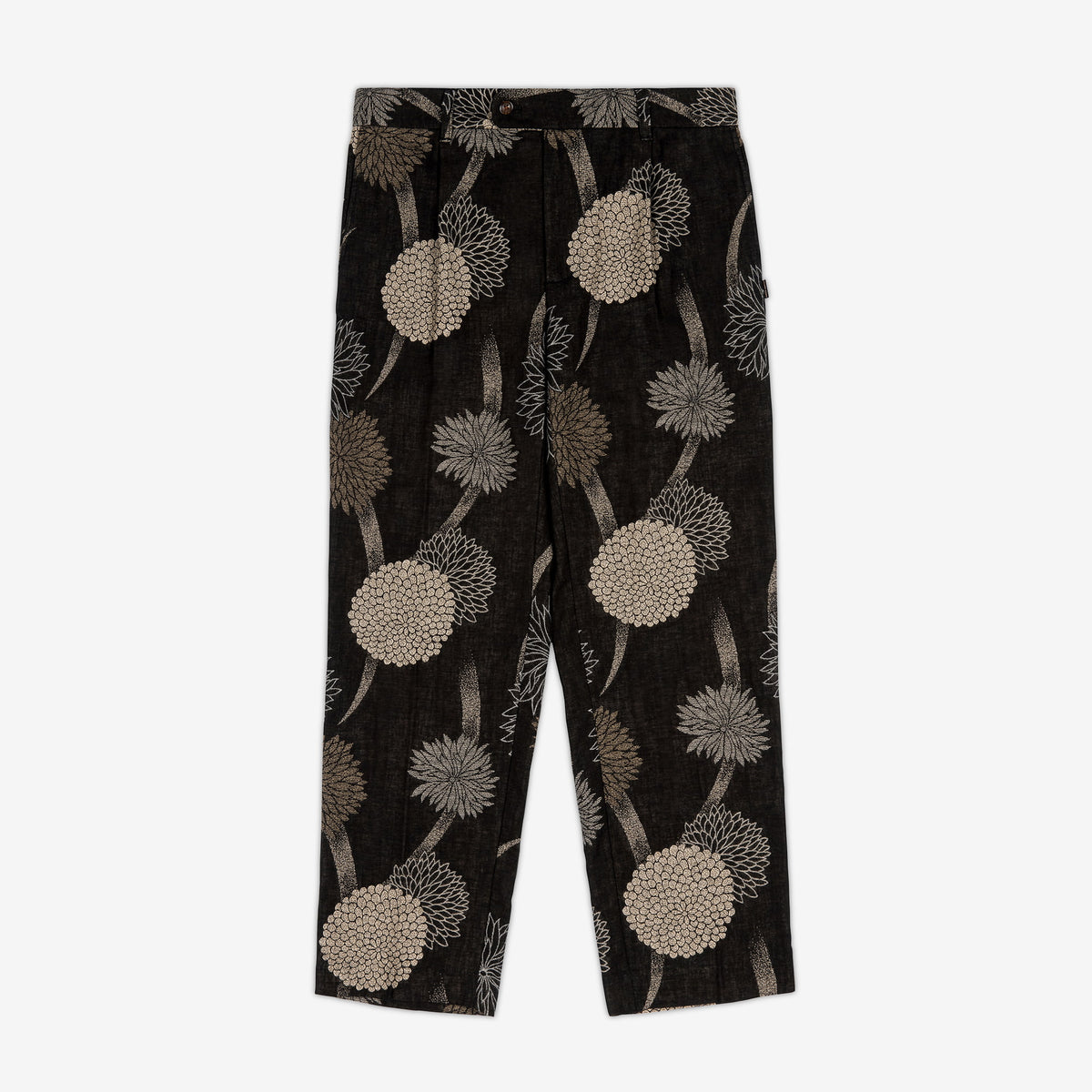 AKASHI-KAMA Pleated Trousers in Kiku Jacquard floral cotton fabric