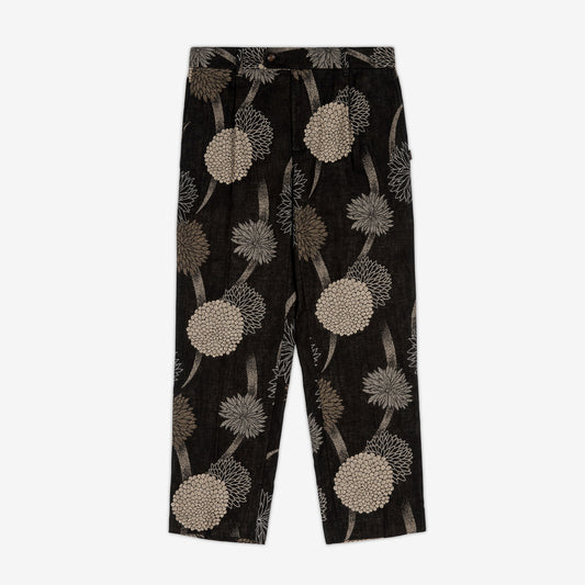 AKASHI-KAMA Pleated Trousers in Kiku Jacquard floral cotton fabric