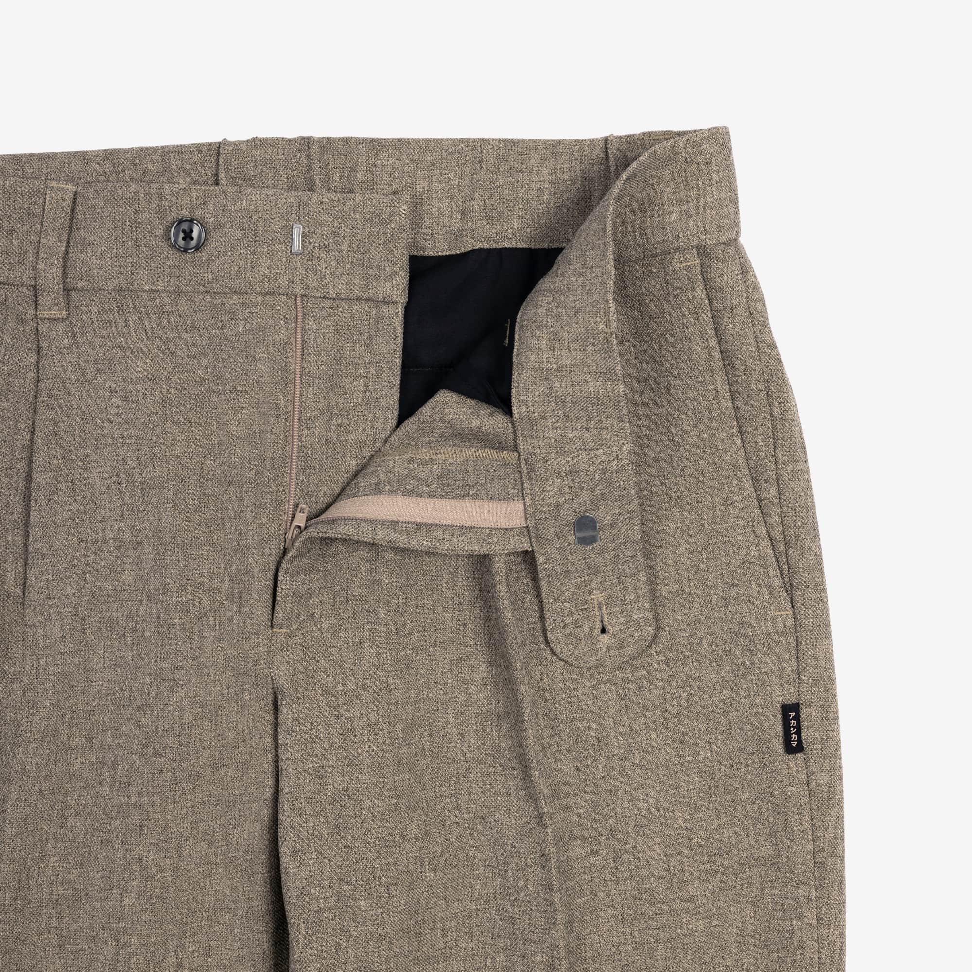 AKASHI-KAMA pleated trousers in mocha taupe brown button closure and zipper