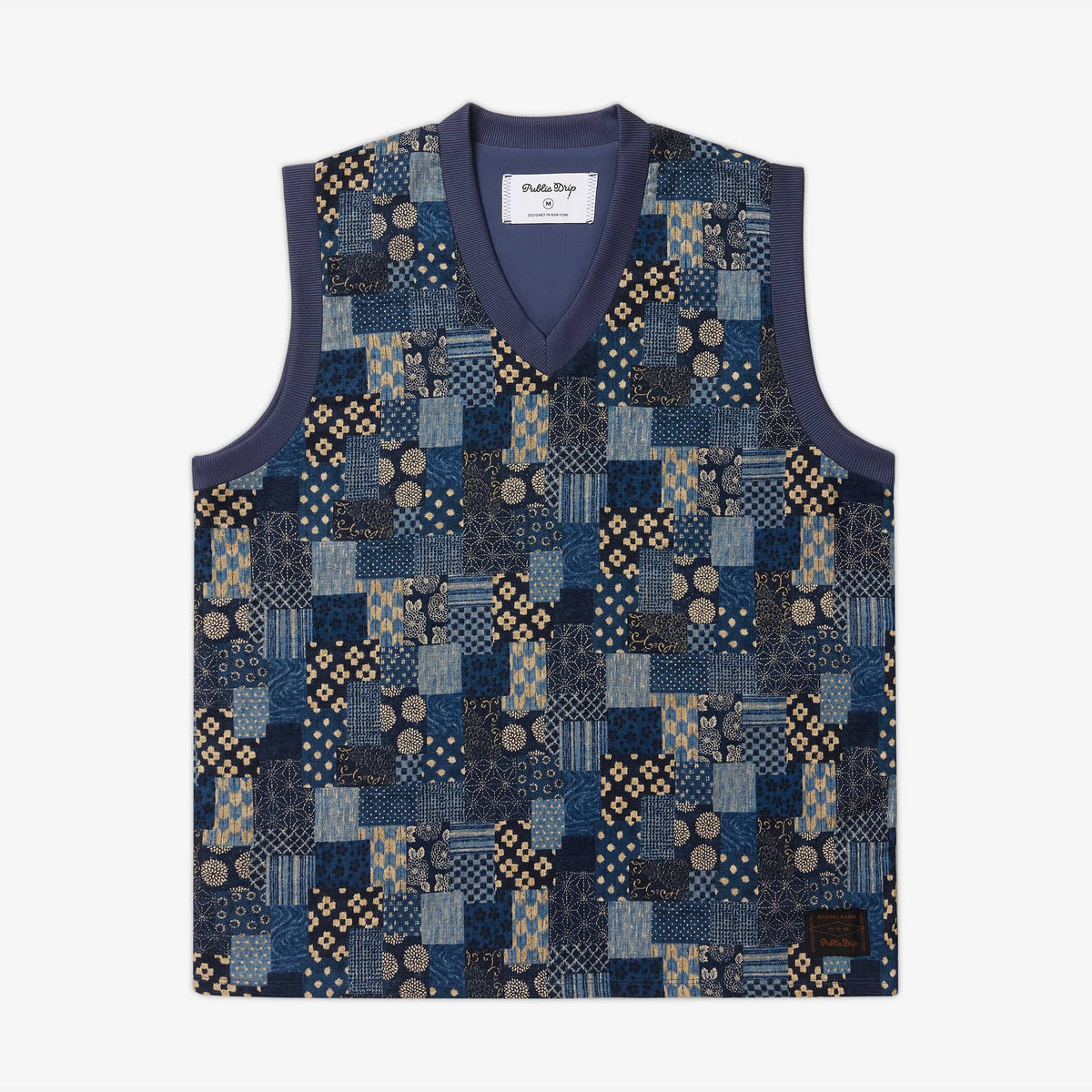 Akashi-Kama x Public Drip Vest - Patchwork | Japanese Indigo Boro Print Golf Vneck Shirt