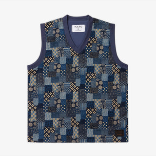 Akashi-Kama x Public Drip Vest - Patchwork | Japanese Indigo Boro Print Golf Vneck Shirt