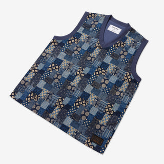 AKASHI-KAMA x Public Drip sleeveless golf vest with ribbed V-neck and hidden pocket in Japanese Boro patchwork print