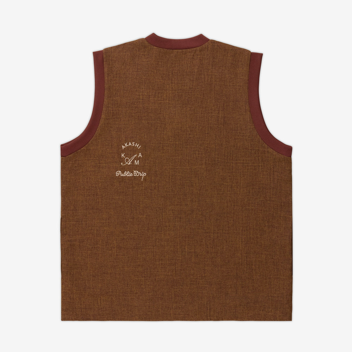 Akashi-Kama x Public Drip embroidery at back | Japanese sharkskin fabric Golf swing vest 