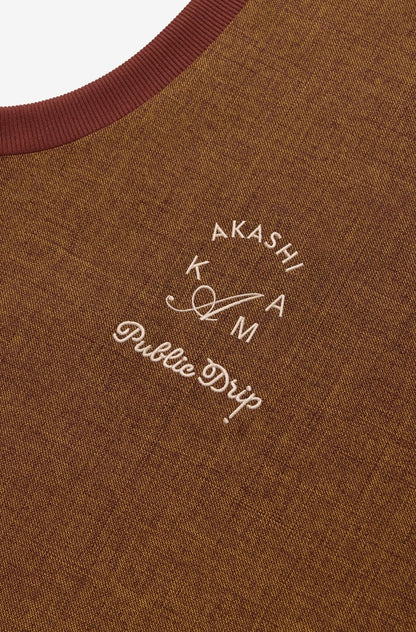 AKASHI-KAMA x Public Drip Golf embroidered collaboration back logos | Swing Sharkskin brown vest 