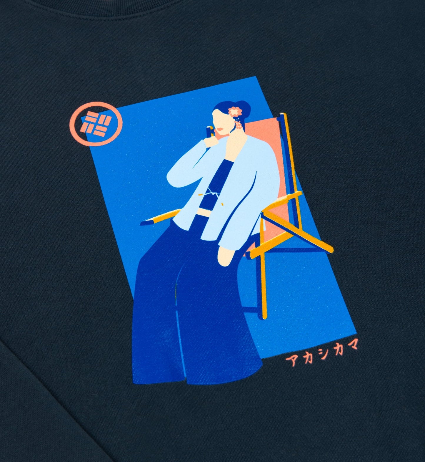 Hand-illustrated AKASHI KAMA Japanese Riviera woman graphic, heavyweight cotton indigo crewneck 