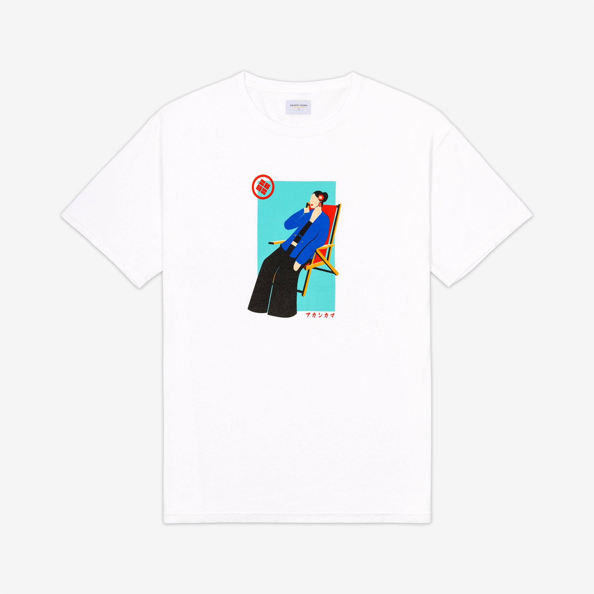 Akashi-Kama Riviera Woman Oversize Tee in white, USA heavyweight cotton streetwear with hand-illustrated Japanese Riviera graphic