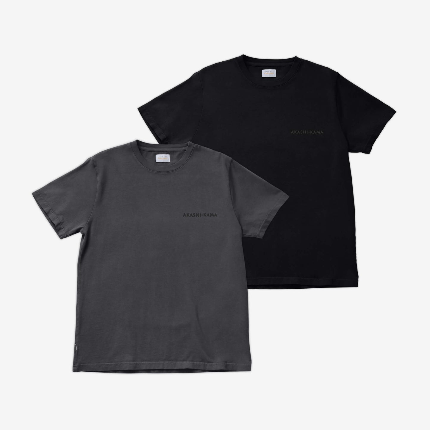 Stamped Logo AKASHI-KAMA Tees in Slate Grey and Black | Streetwear Garment Dye Shirt Made in USA