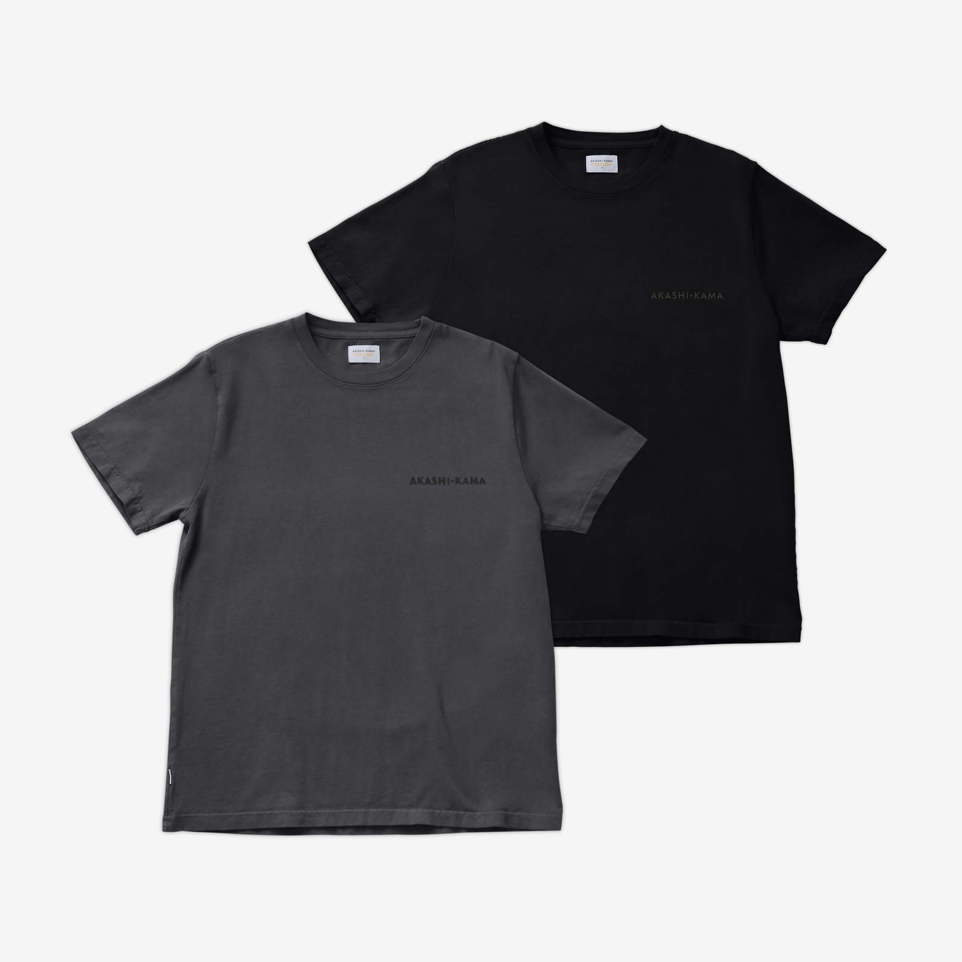 Stamped Logo AKASHI-KAMA Tees in Black and Slate Grey| Streetwear Garment Dye Shirt Made in USA