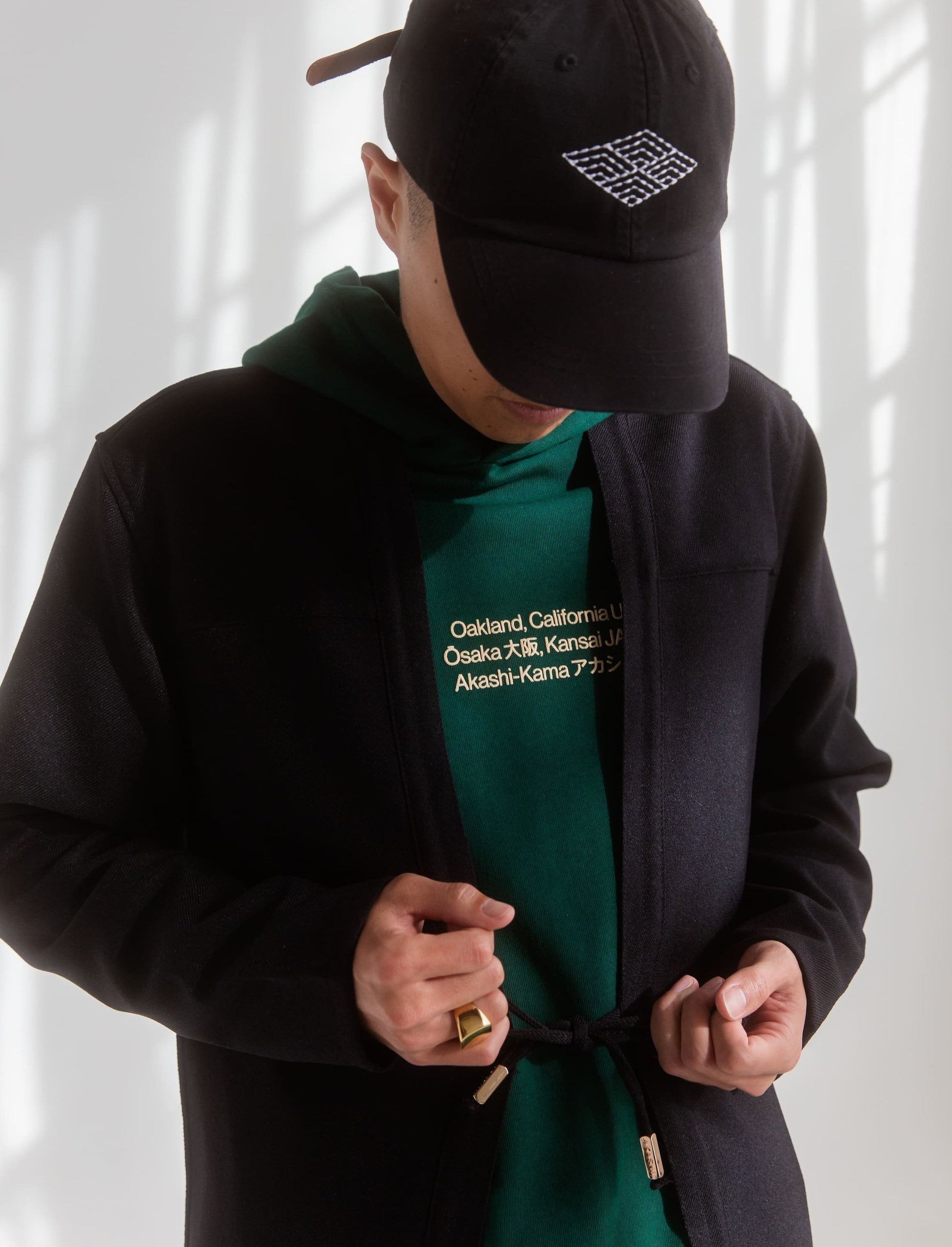mens oakland akashi-kama osaka japanese streetwear green hoodie midweight garment dye made in usa