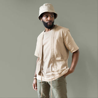 AKASHI-KAMA Haori Jacket in Oat | Modern Japanese Kimono Style Mens Streetwear Happi Coat