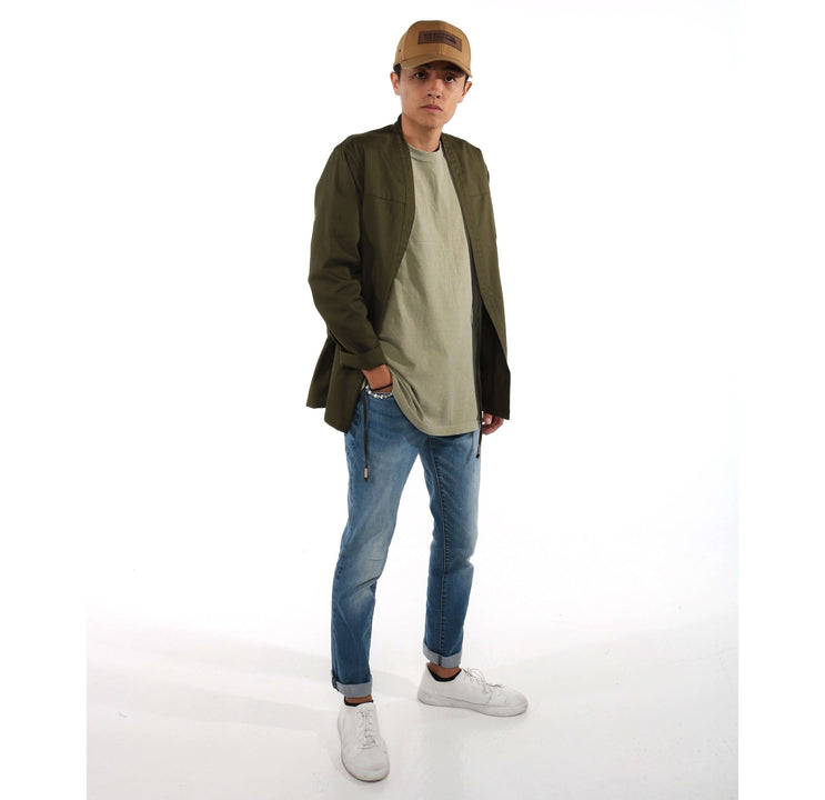AKASHI-KAMA Mens Kimono Jacket Japanese Streetwear Army Green Noragi 