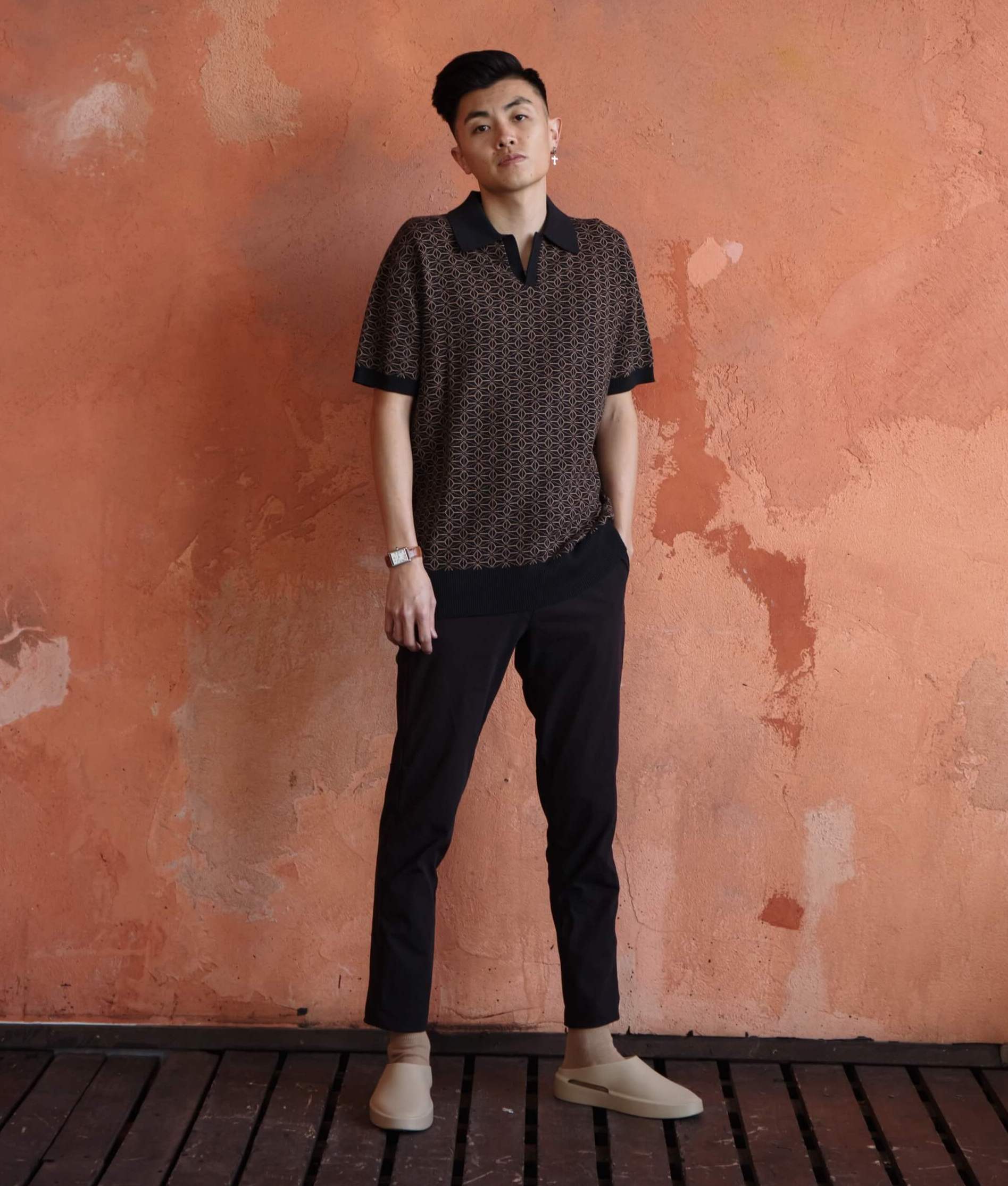 Ojii Knit Polo - Black Asanoha | AKASHI KAMA Shirt AKASHI-KAMA Ojii Knit Polo - Black Asanoha | AKASHI KAMA Shirt AKASHI-KAMA