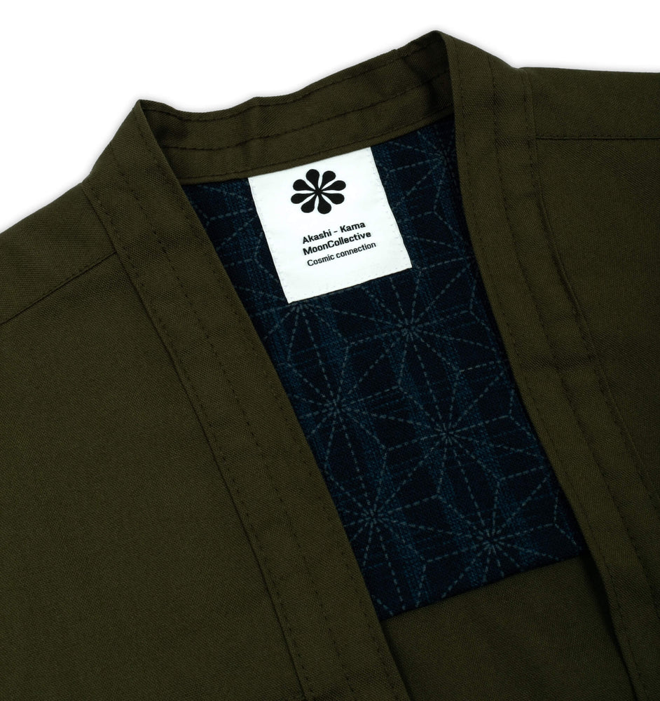 AKASHI KAMA x Moon Collective Collaboration Army Green Japanese Noragi Jacket | Kimono Style Streetwear Shirt