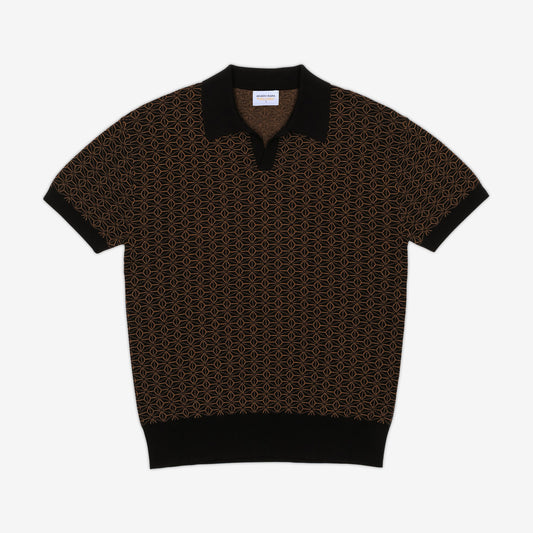 AKASHI-KAMA Ojii Knit Polo Shirt in Black Asanoha | Japanese Pattern Knitwear