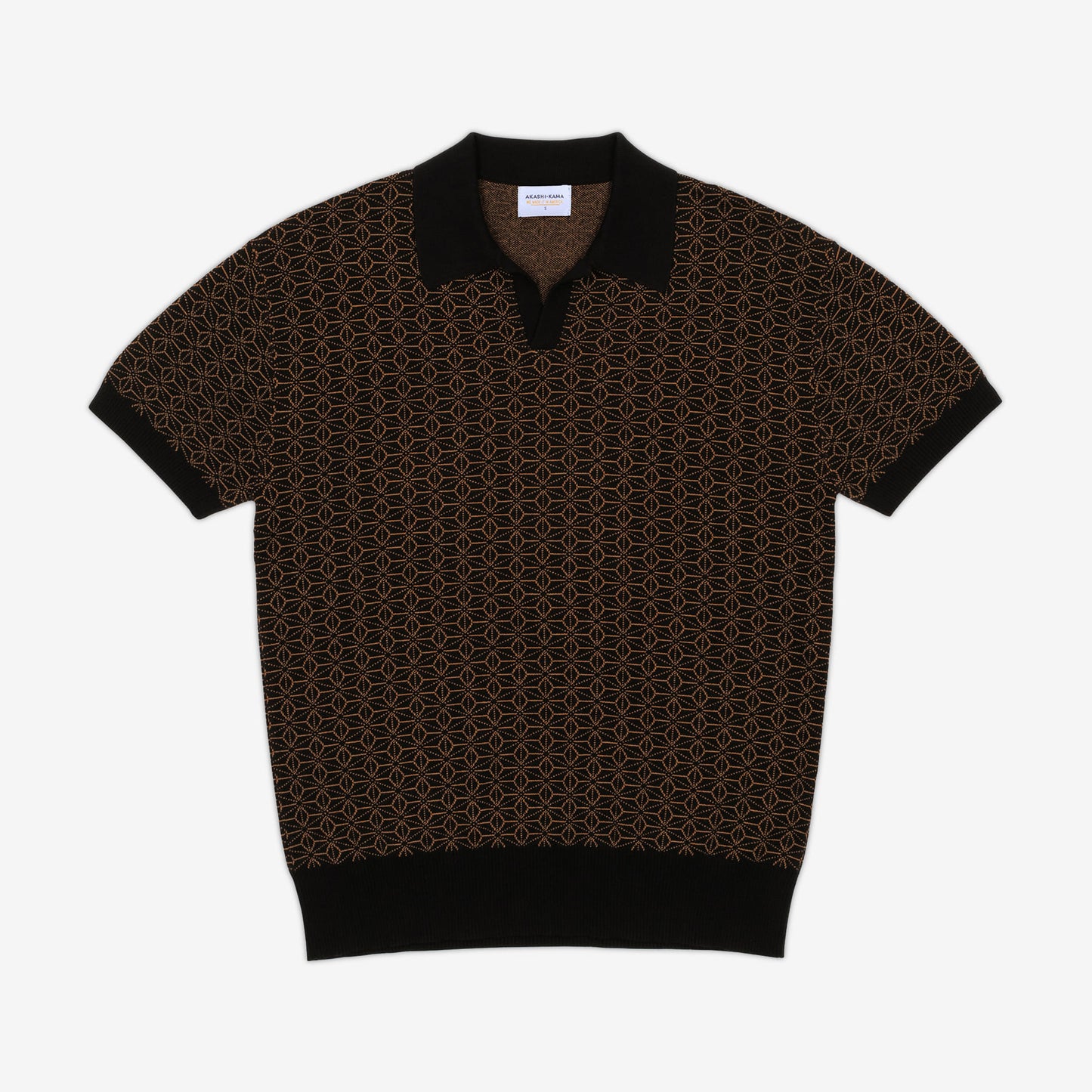 AKASHI-KAMA Ojii Knit Polo Shirt in Black Asanoha | Japanese Pattern Knitwear 
