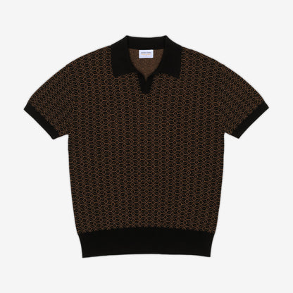 AKASHI-KAMA Ojii Knit Polo Shirt in Black Asanoha | Japanese Pattern Knitwear 