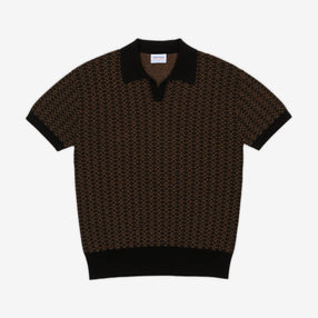 AKASHI-KAMA Ojii Knit Polo Shirt in Black Asanoha | Japanese Pattern Knitwear 