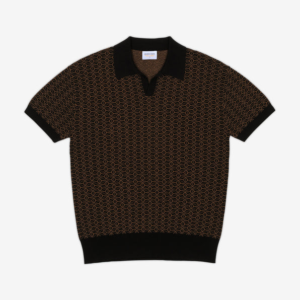 AKASHI-KAMA Ojii Knit Polo in Black Asanoha | Japanese Pattern Knitwear 