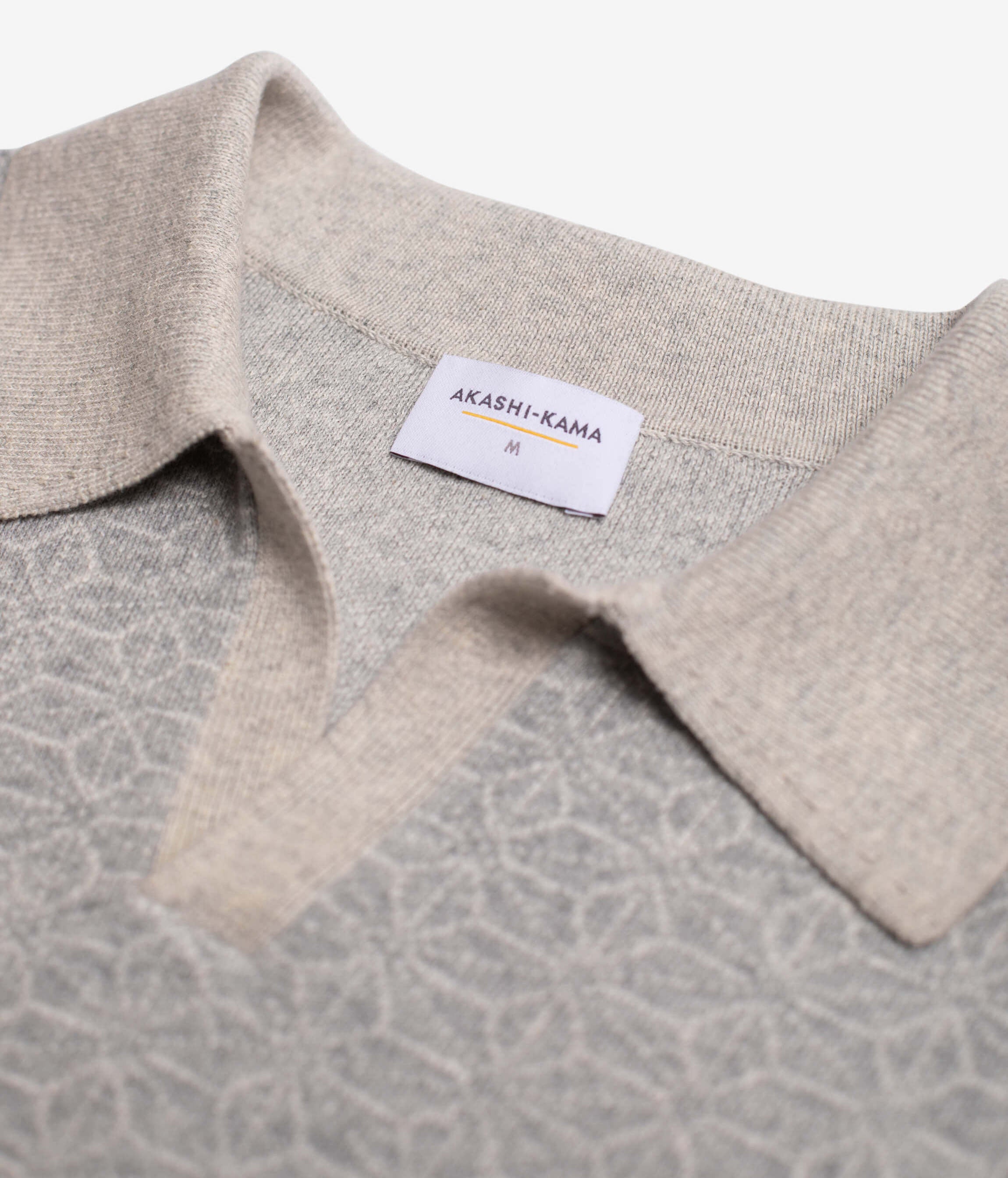 Japanese Asanoha Pattern Ojii Grey Knit Polo | AKASHI KAMA Knitwear  