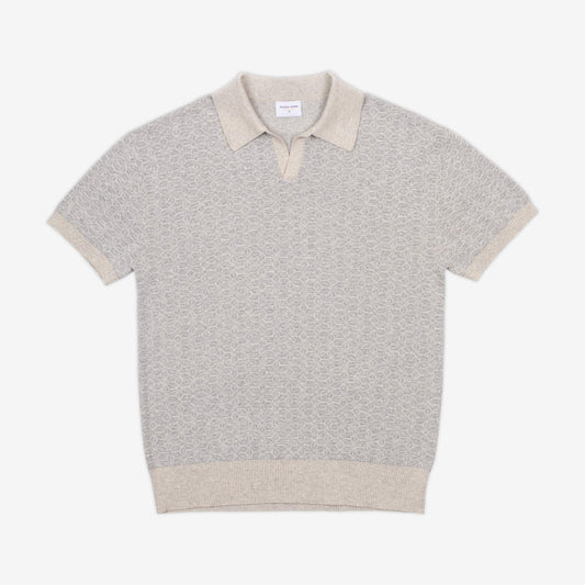 AKASHI-KAMA Ojii Knit Polo Shirt in Grey Asanoha Print | Japanese Pattern Knitwear