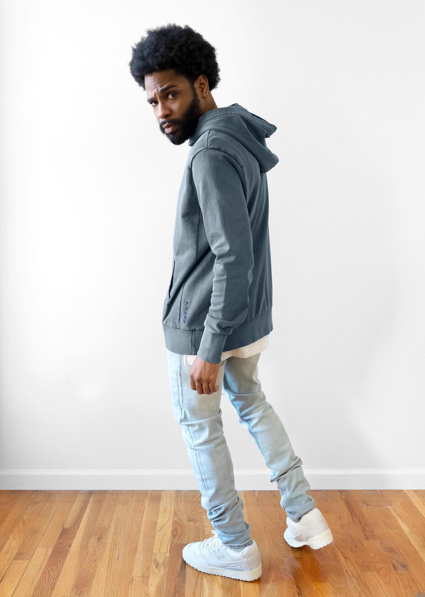 Mens Uniform Hoodie Made In USA | AKASHI-KAMA Garment Dye Japanese Streetwear Light Indigo Sweatshirt 