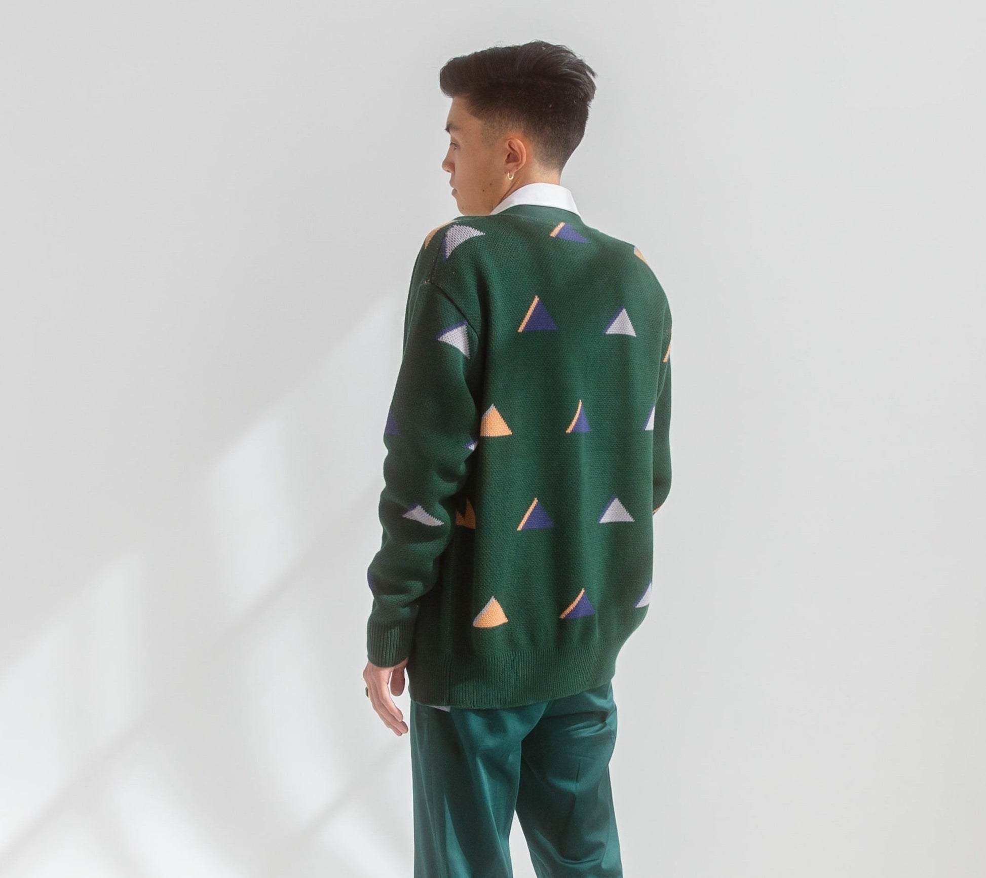 Mens Pattern Cardigan  AKASHI-KAMA Japanese Knitwear - Green Yama Sweater