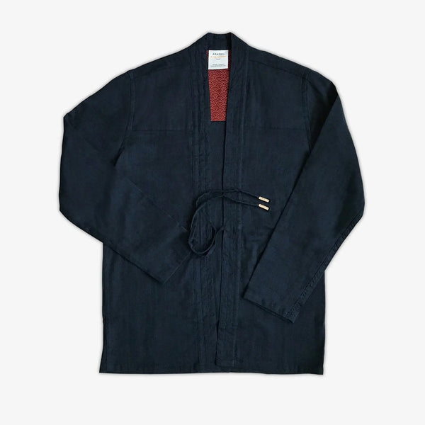 Indigo blue kimono cardigan noragi jacket from japanese cotton with gold tie ends AKASHI KAMA Streetwear
