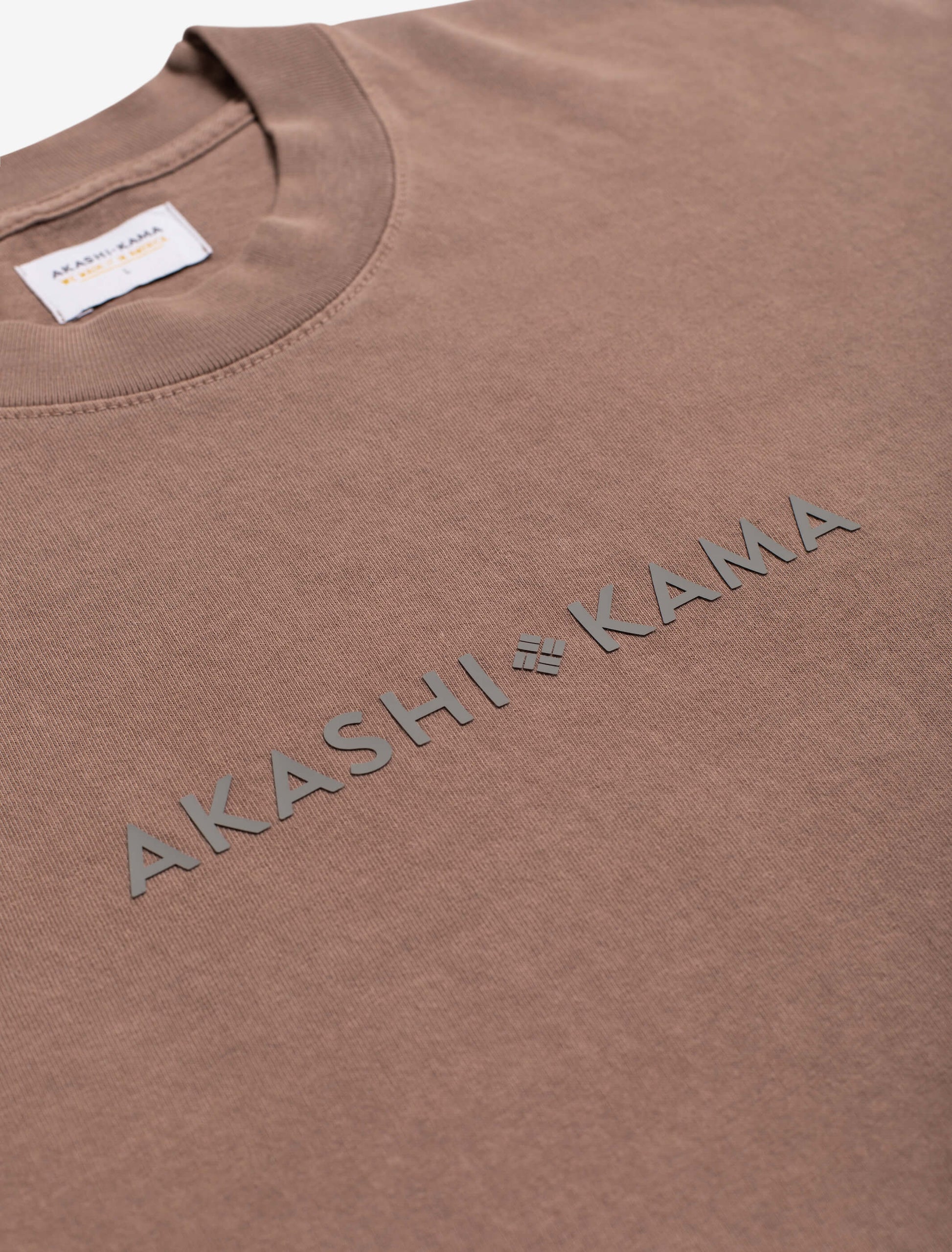 Stamped Logo AKASHI-KAMA Tee in Washed Taupe | Streetwear Garment Dye Shirt Silicone Print
